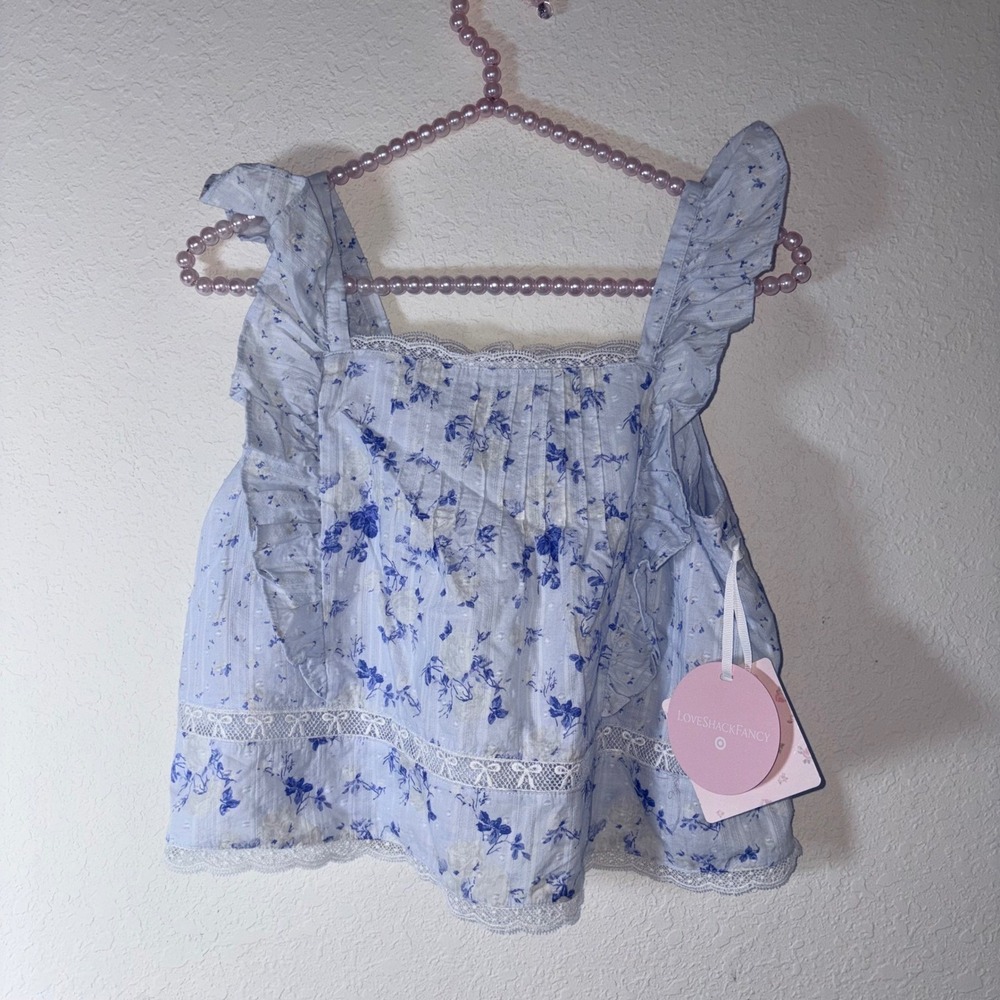 LoveShackFancy x Target Floral Ruffle Top age 16 Blue NEW Lace Trim Sleeveless